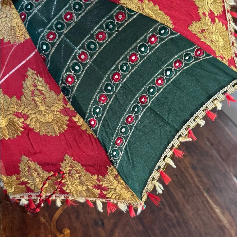 Festive Red and Green Embroidered Silk Sun Parasol Umbrella 25” - Picture 2 of 7